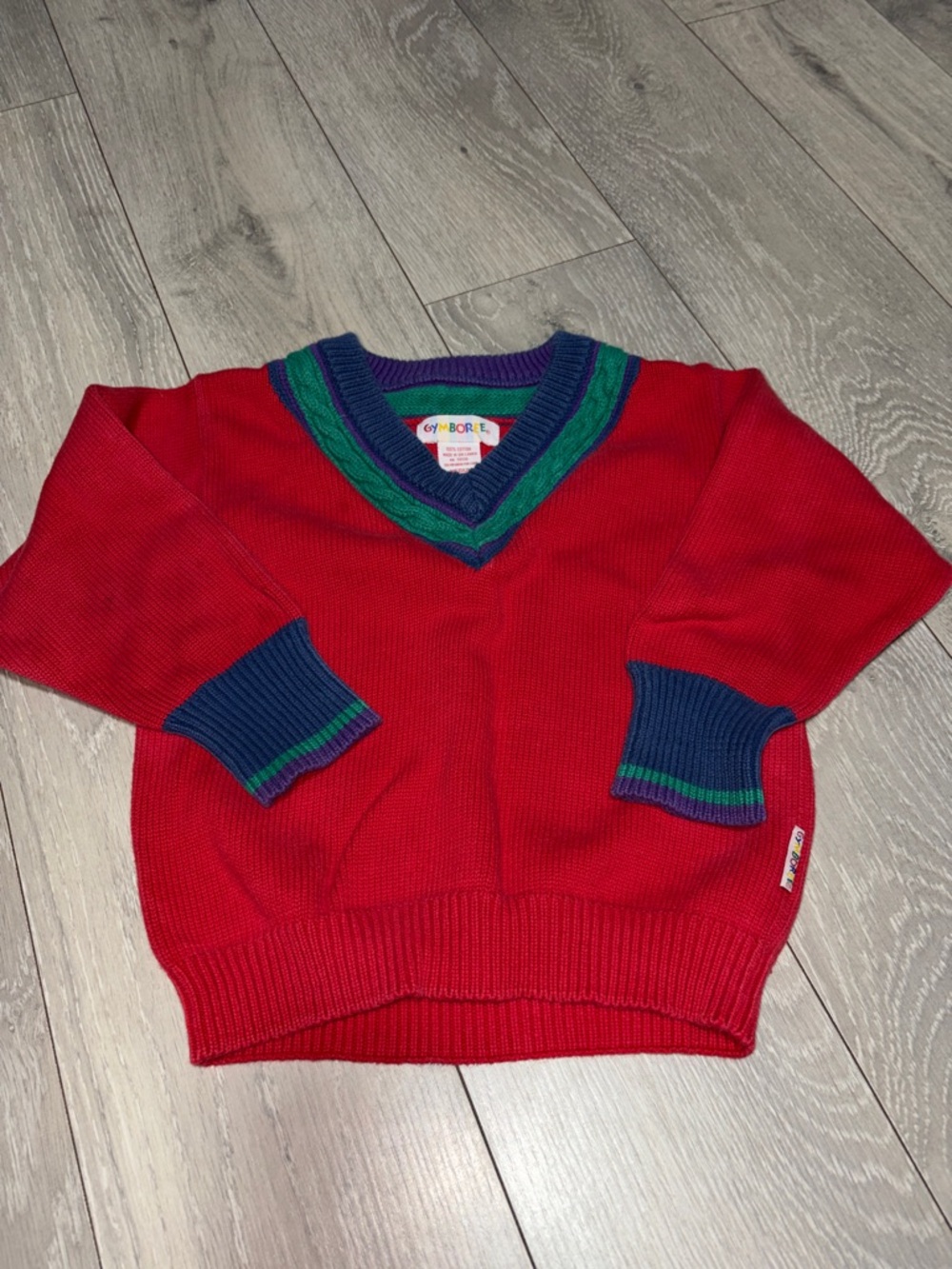 Gymboree Red V-Neck Sweater with Blue and Green Trim